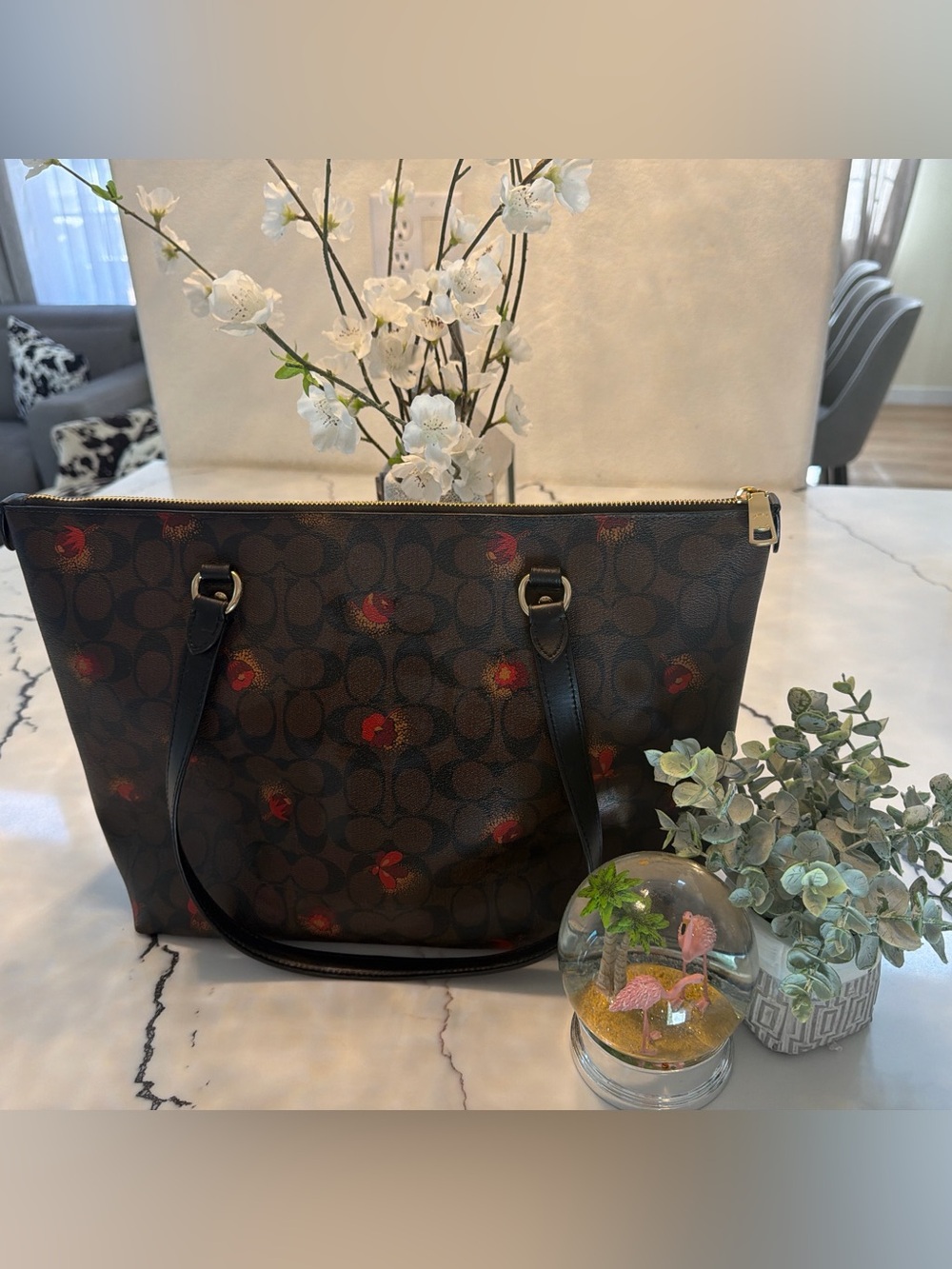 Coach Brown Signature Monogram Tote with Red Floral Accents - Picture 3 of 15